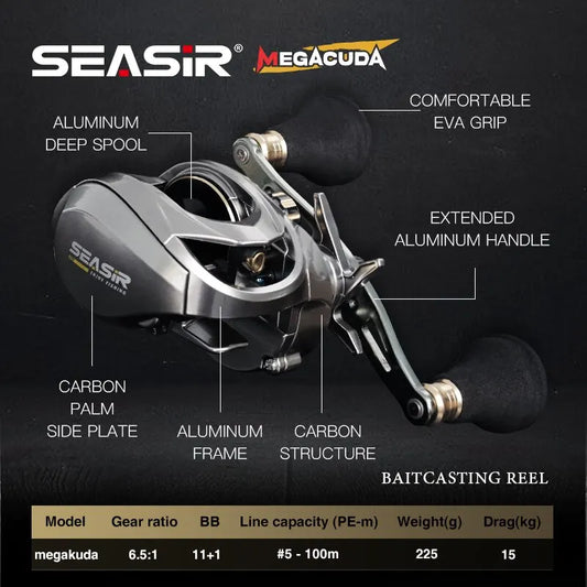 Carretilha Seasir Megacuda(225g) Drag 15KG 6.5:1 Alumino