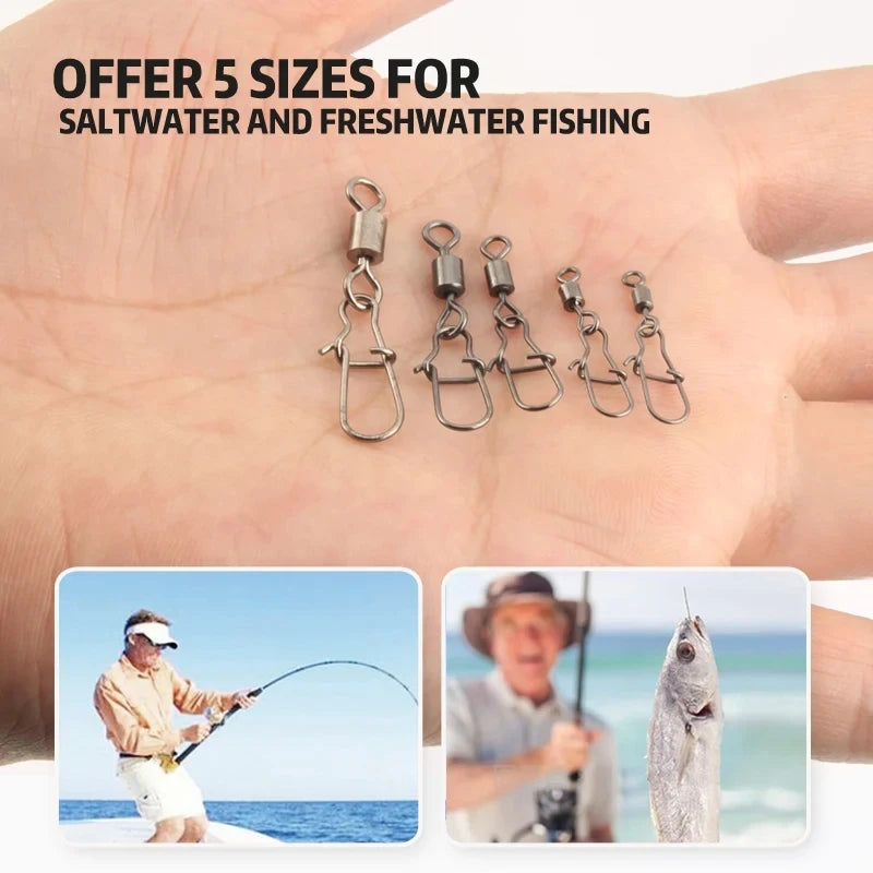 50pc/box Stainless Steel Fishing Connector Pin 4# 6# 8#10#12# Bearing Rolling Swivel with Snap Fishhook Lure Accessories
